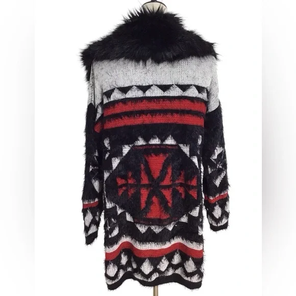 BCBG MAXAZRIA COZY AZTEC Faux Fur Trimmed Cardigan Womens Size Large - Picture 4 of 9